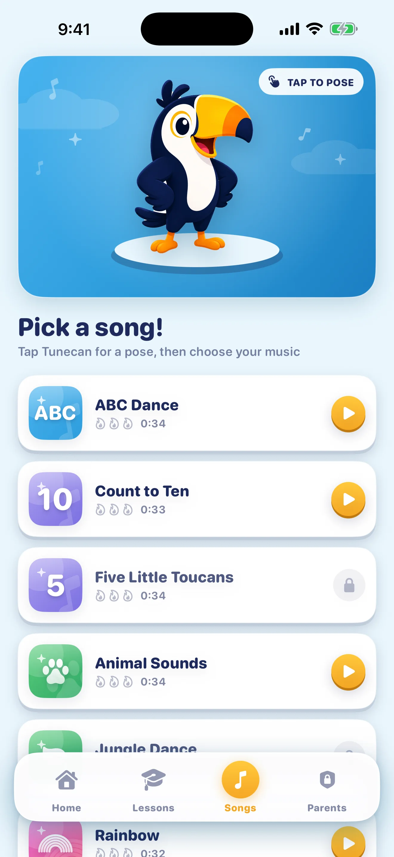 Tunecan app showing a colorful library of educational songs